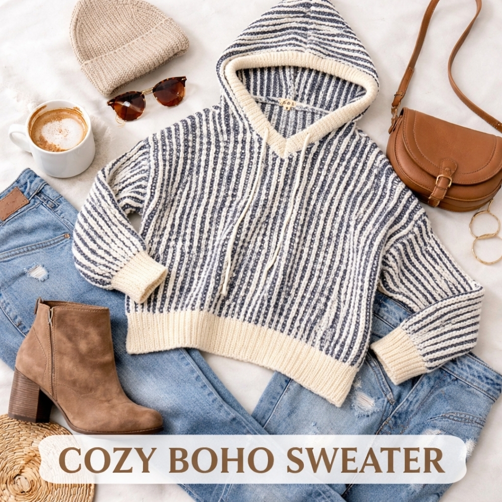 POL Striped Hooded Sweater Small Cream Blue Chunky Knit Cozy Boho NWOT